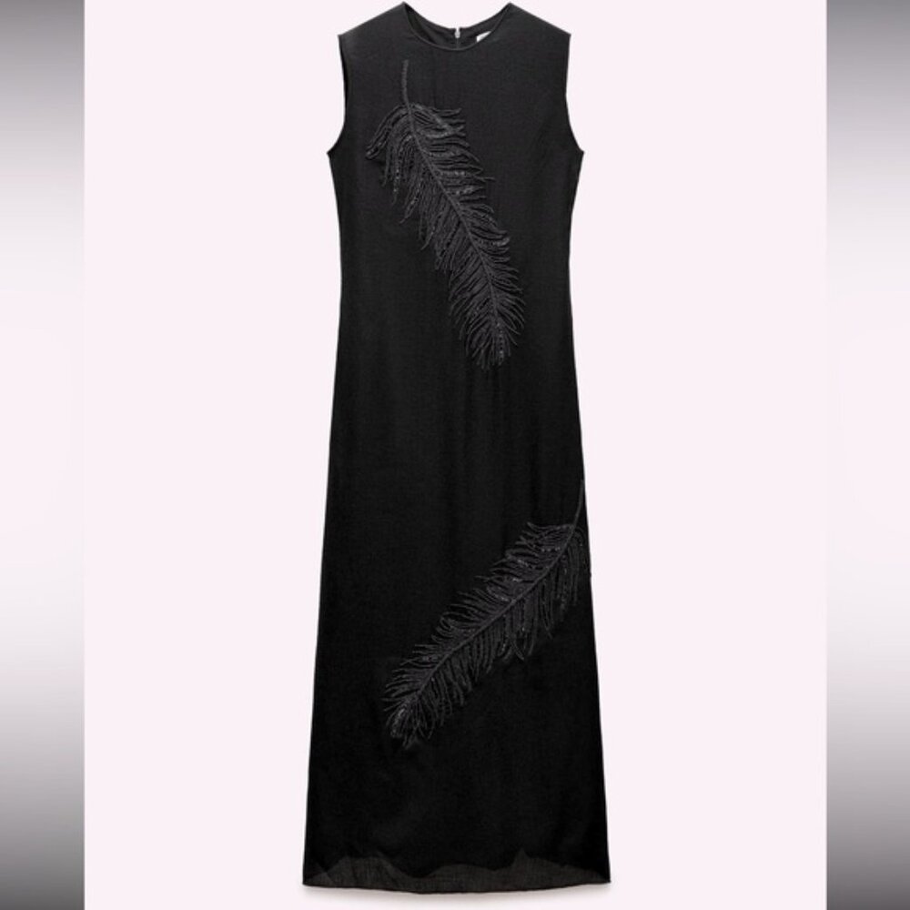 Zara Black Midi Dress with Beaded Feather Detail
